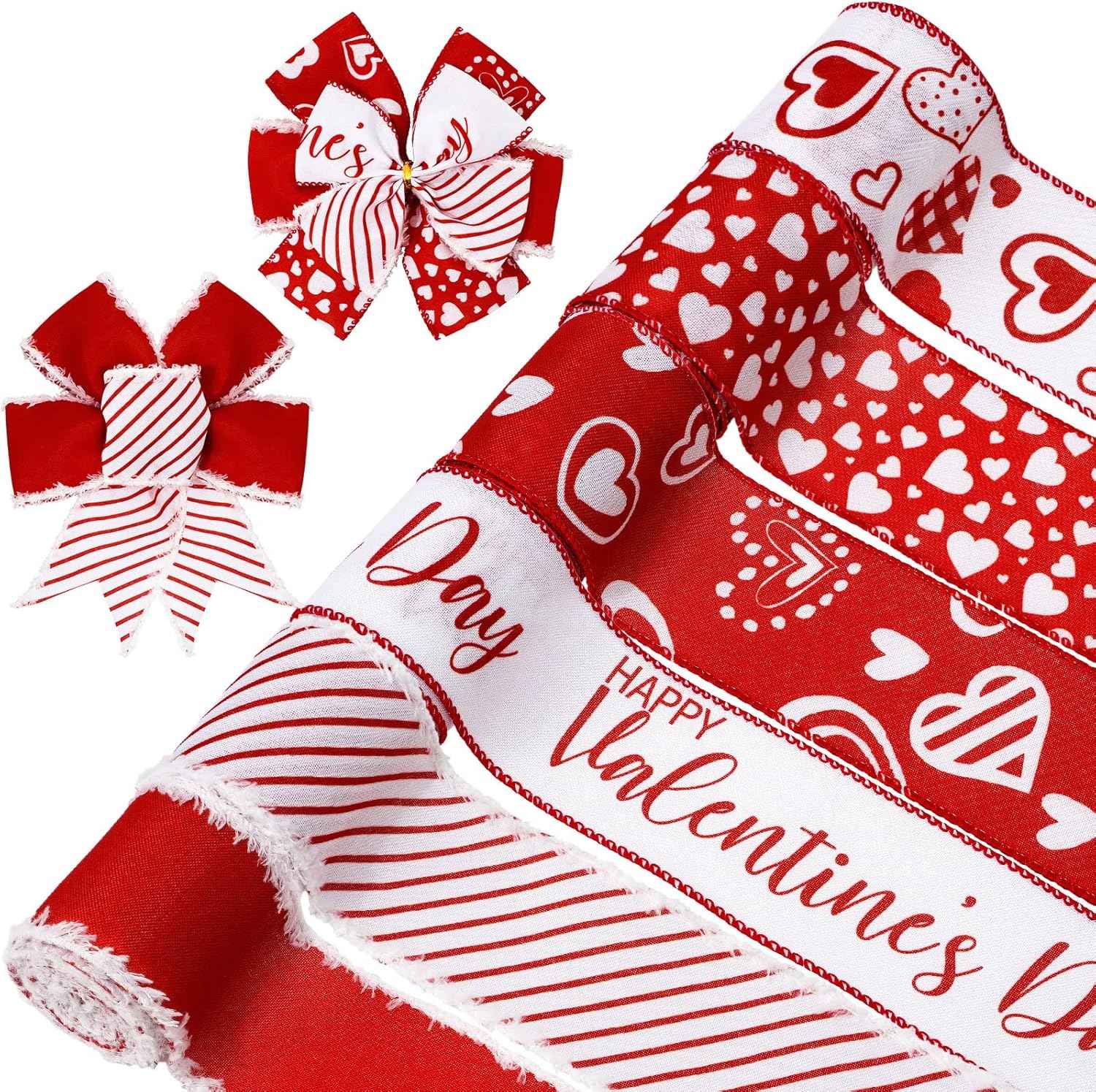 Whaline 36 Yard Happy Valentine's Day Wired Edge Ribbon Red White Love Hearts Craft Ribbon with Burr Wedding Fabric Wrapping Ribbon for Anniversary Wreath Bow Making DIY Crafts Supplies, 6 Roll
