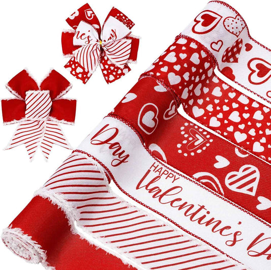 Whaline 36 Yard Happy Valentine's Day Wired Edge Ribbon Red White Love Hearts Craft Ribbon with Burr Wedding Fabric Wrapping Ribbon for Anniversary Wreath Bow Making DIY Crafts Supplies, 6 Roll