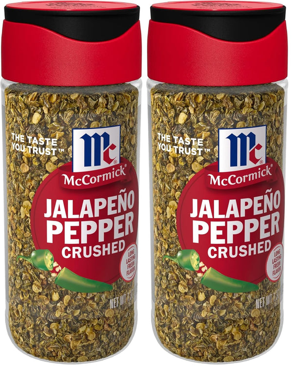 McCormick Crushed Jalapeño Pepper, 1.37 oz, bold flavor and moderate heat.