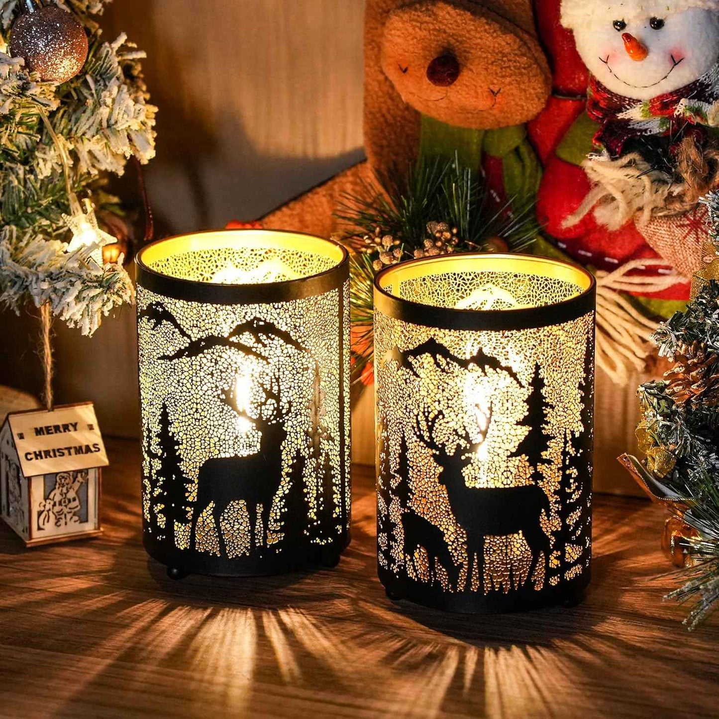 TRIROCKS Christmas Candle Lantern 7" H Etched Metal Candle Holder Christmas Decorations for Living Room Kitchen Tabletop Parties Patio Outdoors Indoors(3PCS;Bronze House)