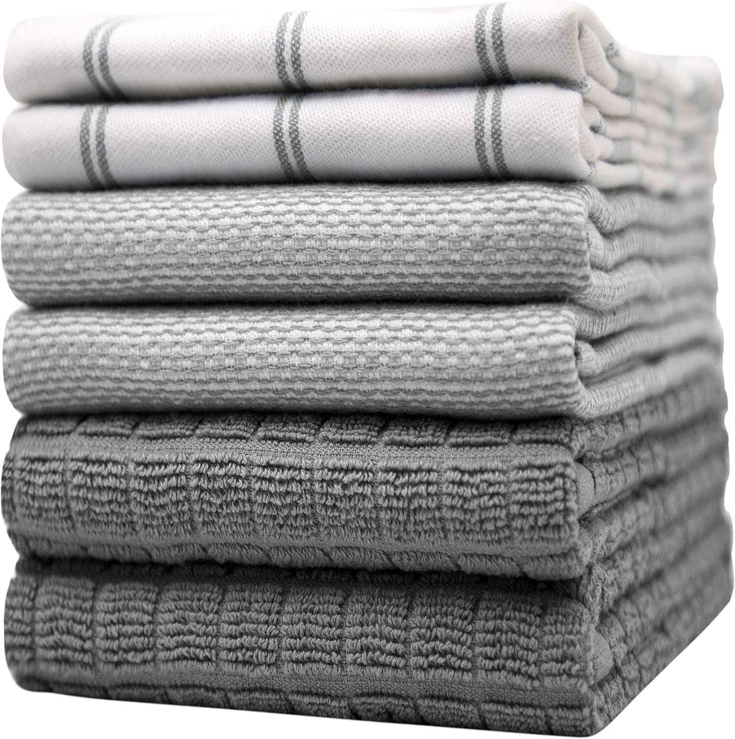 Premium Kitchen Towels (20”x 28”, 6 Pack) | Large Cotton Kitchen Hand Towel | Flat & Terry Dish Cloths | Highly Absorbent Tea Towels Set with Hanging Loop | Gray