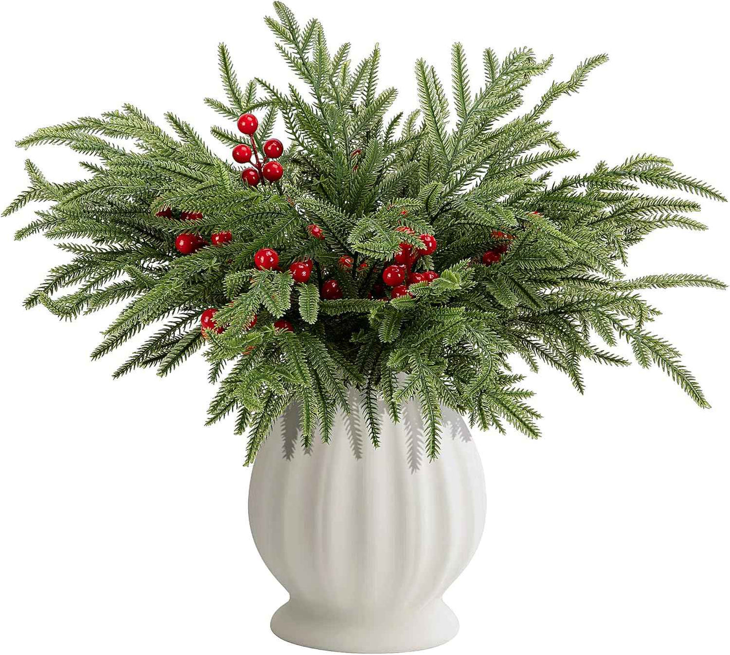 Watayo 45 Pcs Christmas Artificial Pine Branches with Red Berry Stems, 10.5" Faux Evergreen Norfolk Pine Cypress Leaves Stems, Fake Foliage Pine Needles Picks for DIY Craft Garland Home Decor
