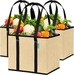Reusable Grocery Bags (3 Pack) – Heavy Duty Reusable Shopping Bags with Box Shape to Stand Up, Stay Open, Fold Flat – Large Tote Bags are Foldable with Long Handles & Hard Bottom (Navy Blue)