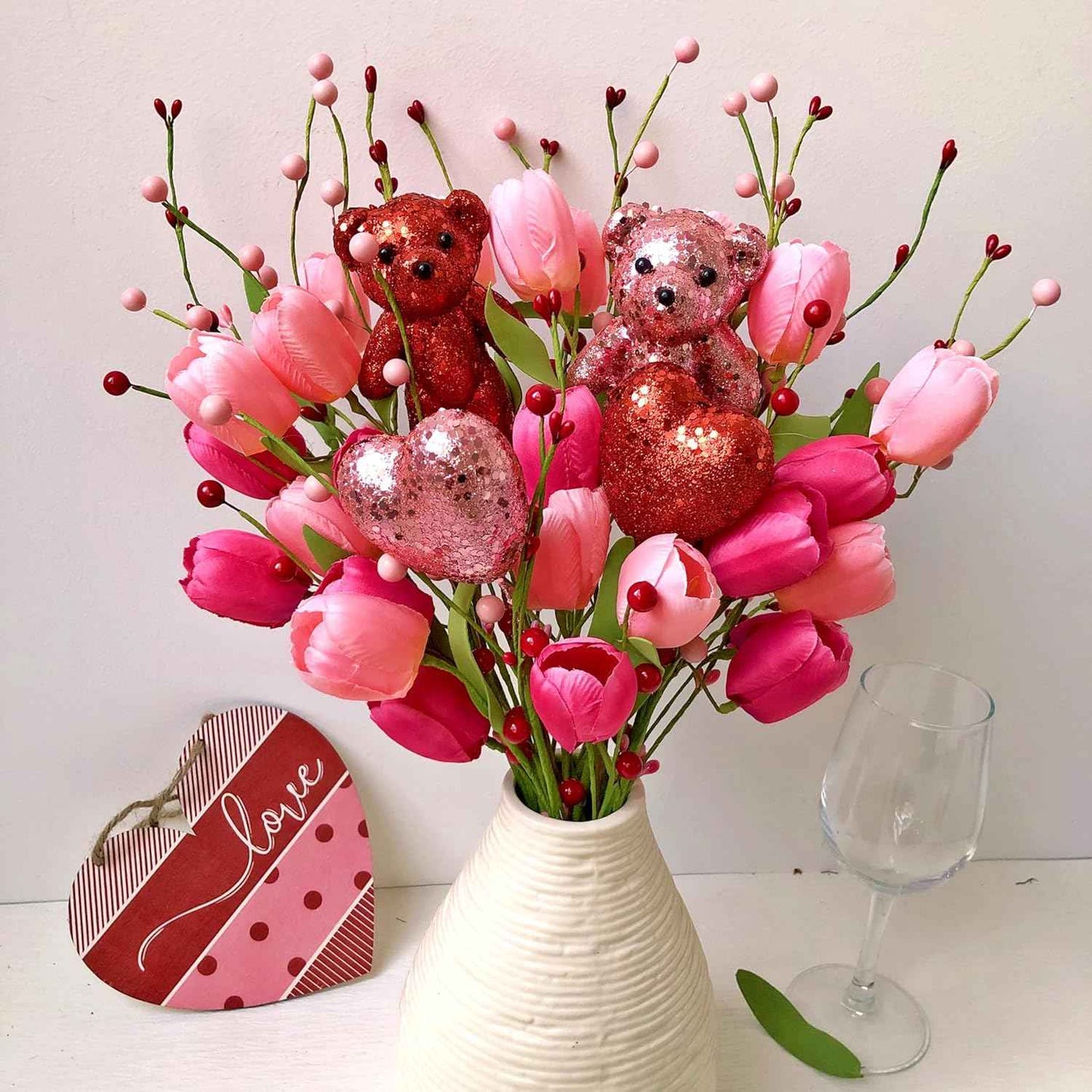 JINGHONG Valentine's Day Decorations Valentines Day Gifts 10 Pack Artificial Floral Picks with Pink Red Bear and Heart Tulip for Valentine Mothers Day Anniversary Candlelight Dinner Party Decor