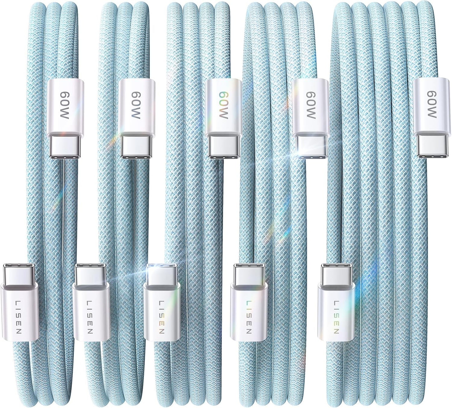 LISEN USB C to USB C Cable, 5-Pack [3.3/3.3/6.6/6.6/10FT] for iPhone 17 Charger Cord, 60W C to C Cable Fast Charging for iPad, iPhone 16 15 Pro Max, Galaxy S25/S24 USBC to USBC Cable Gifts for Men