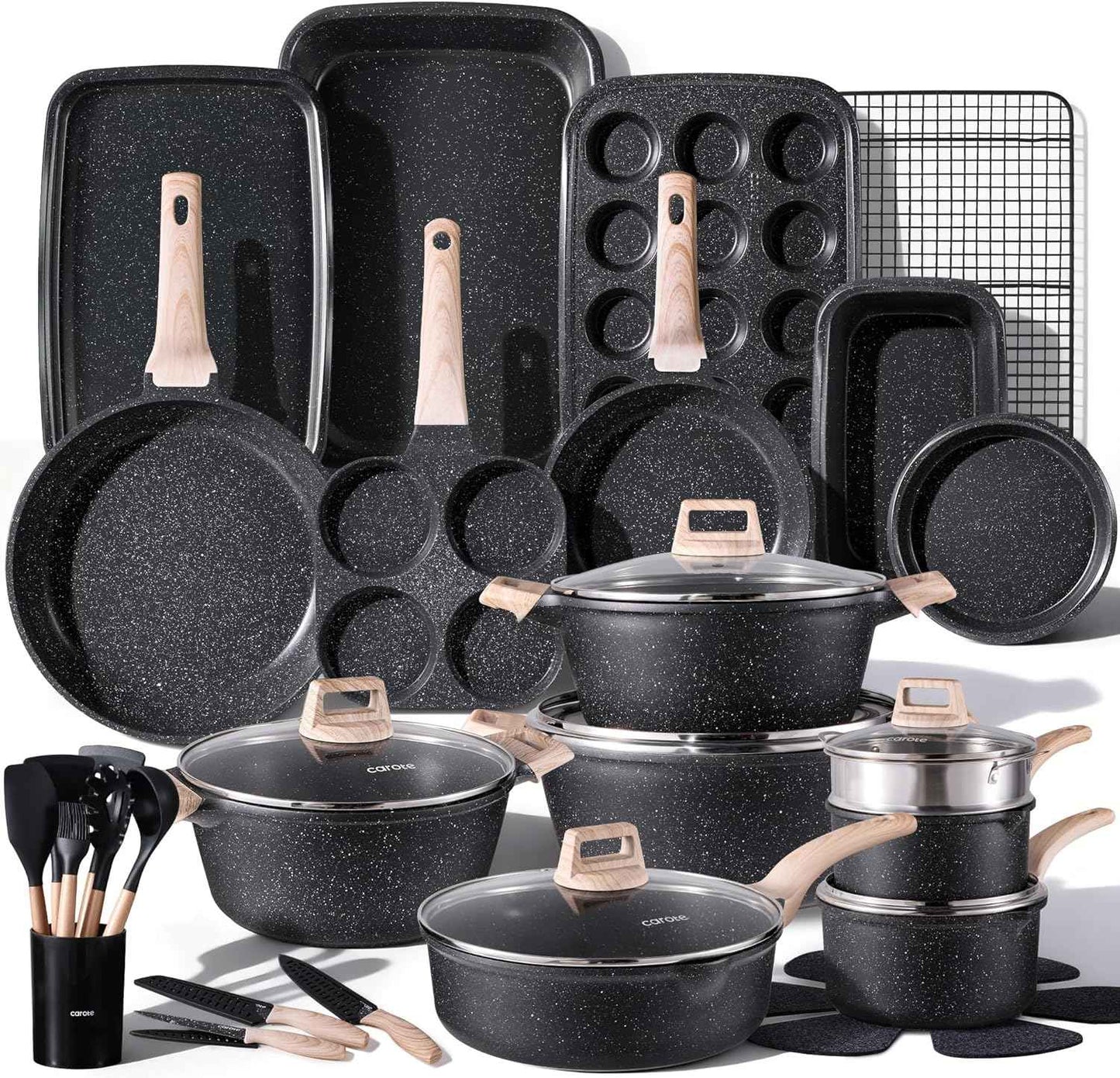 CAROTE 21Pcs Pots and Pans Set, Nonstick Cookware Sets, White Granite Induction Cookware Non Stick Cooking Set w/Frying Pans & Saucepans(PFOS, PFOA Free)