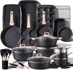 CAROTE 21Pcs Pots and Pans Set, Nonstick Cookware Sets, White Granite Induction Cookware Non Stick Cooking Set w/Frying Pans & Saucepans(PFOS, PFOA Free)