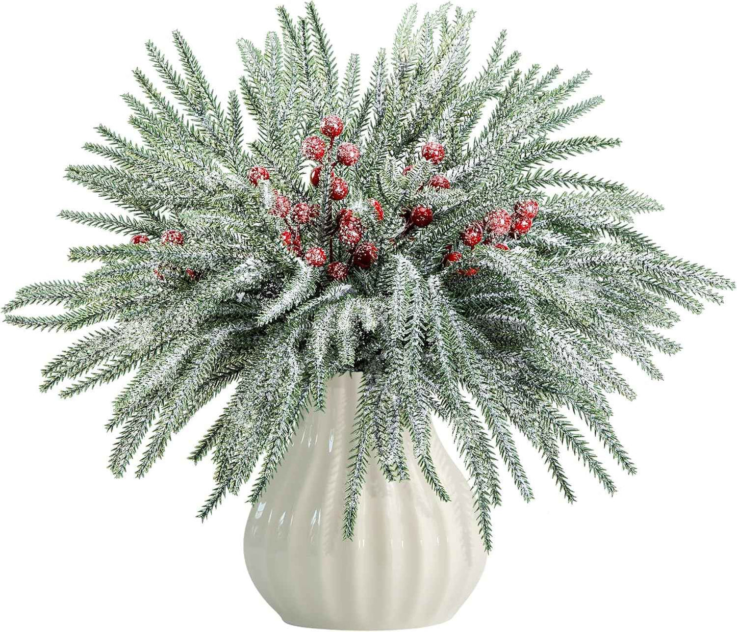 Watayo 45 Pcs Christmas Artificial Pine Branches with Red Berry Stems, 10.5" Faux Evergreen Norfolk Pine Cypress Leaves Stems, Fake Foliage Pine Needles Picks for DIY Craft Garland Home Decor