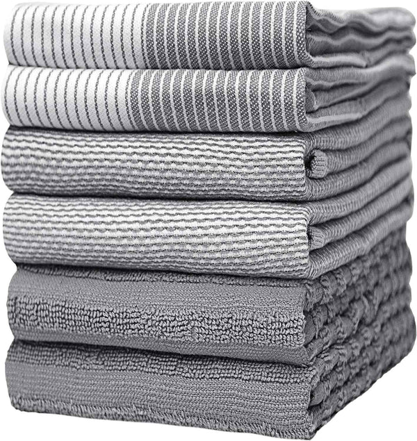 Premium Gray 20”x 28” Large Cotton Kitchen Hand Towels 6 Pack with Hanging Loop