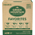 Green Mountain Coffee Roasters Favorites Collection includes 4 boxes of K-Cup pods with light, medium, and dark roasts