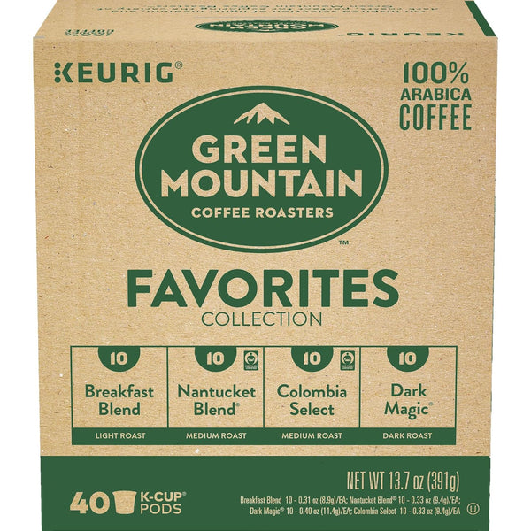 Green Mountain Coffee Roasters Favorites Collection includes 4 boxes of K-Cup pods with light, medium, and dark roasts