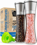 Home EC Premium Stainless Steel Sea Salt and Pepper Grinder Set - Adjustable Ceramic Mechanisms, Tall Glass Shakers, Kitchen Spice Mill with Funnel and eBook