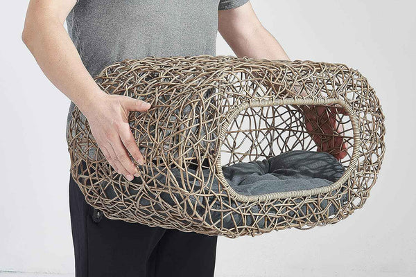 Fun Stackable Cat Condo for Indoor Cats - Interactive Play Faux Rattan Cat House for Indoor Cats Kitty, Pet Friendly Top/Side House Entry, Cat Bed Enclosed