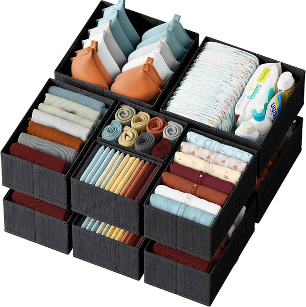 Drawer Organizer Clothes Set of 12 White-Grey - Dresser Organizer For Nursery, Bedroom, Closet - Perfect Baby Clothes Organizer and Storage & General Nursery Organization or Dresser Drawer Organizers