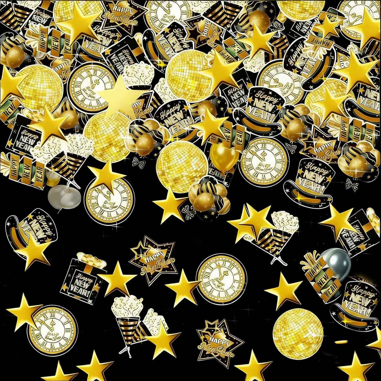New Years Eve Party Decorations 2026,Happy New Years Decorations Black and Gold Confetti,200pcs Black Gold New Year's Eve Glitter Table Confetti Centerpiece Gold Stars for Clock Disco Ball Design