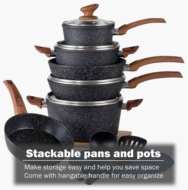 Kitchen Academy Induction Pots and Pans Set Non Stick - 12 Piece Granite Cookware Set, Black Kitchen Nonstick Cooking Pans Set