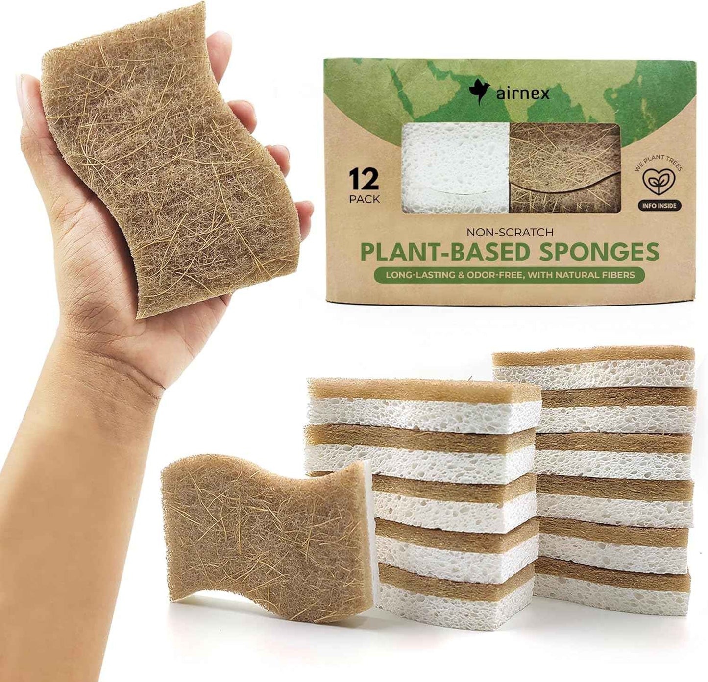 Biodegradable Natural Kitchen Sponge - Compostable Cellulose and Coconut Walnut Scrubber Sponge (12 Pack)