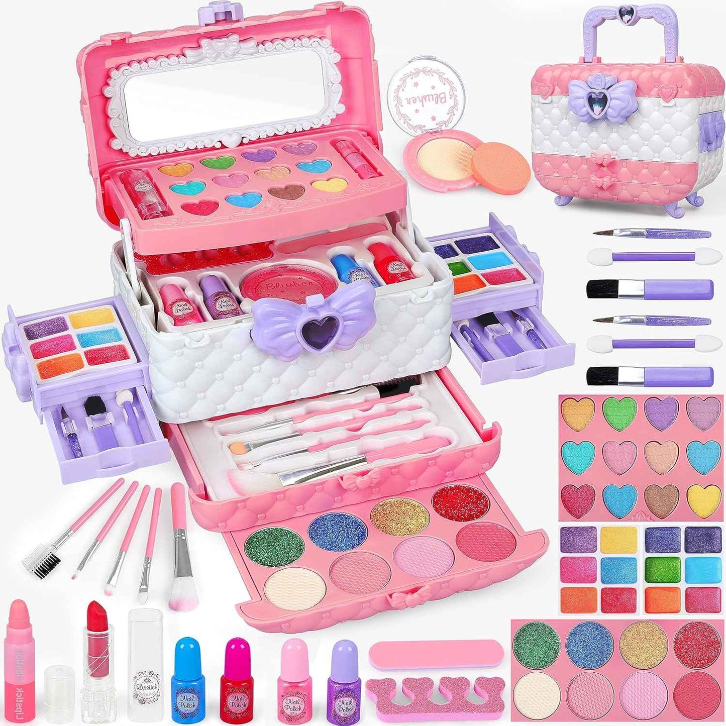 54 Pcs Kids Makeup Kit for Girls, Princess Real Washable Pretend Play Cosmetic Set Toys with Mirror, Birthday Gifts for 3 4 5 6 7 8 9 10 Years Old Girls Kids (Purple)
