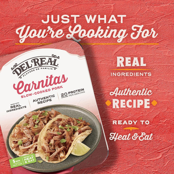Del Real Foods Carnitas, Shredded Pork Entrée | Fully Cooked, Heat & Serve, Microwaves in Minutes | For Tacos, Bowls & Family Meals | Keep Refrigerated, 15 oz Pack