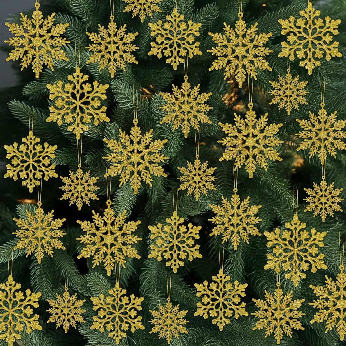 24PCS Snowflake Ornaments, Christmas White Snowflakes Tree Decorations, Plastic Glitter Snow Flakes Decorating Hanging, Xmas Tree Ornaments Indoor Ceiling Fireplace Winter Wonderland Decor