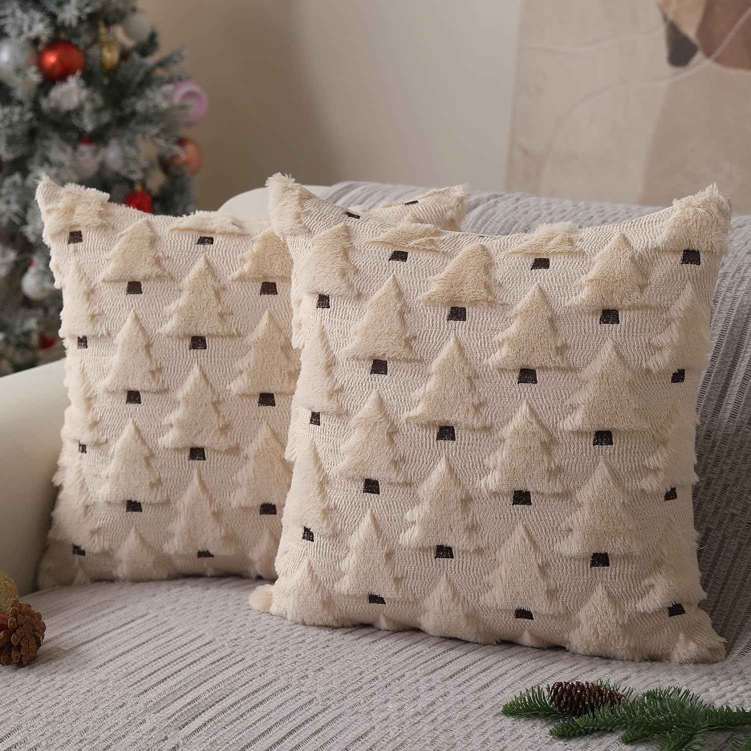 Christmas Pillow Covers 18x18 inch, Set of 2 Soft Plush Faux Fur Wool Throw Pillow Cases with Beige Christmas Tree Design