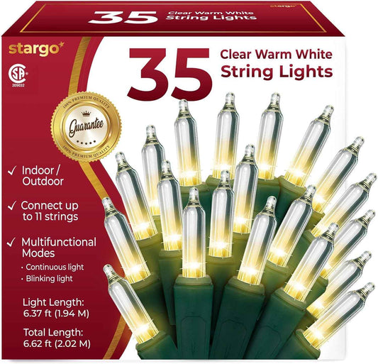 Clear Warm White Christmas Tree Lights, 6.3FT String with 35 Mini Incandescent Bulbs, Green Wire, Twinkle Lighting Modes