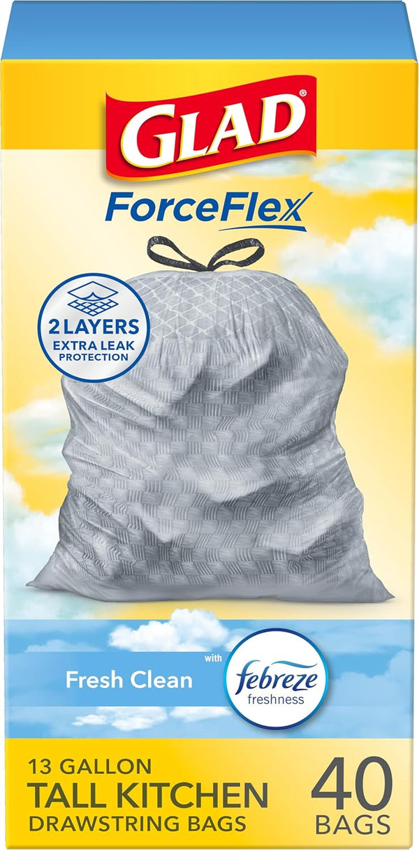 Glad ForceFlex 13-gallon tall kitchen trash bags with gain fresh clean scent, 40 count