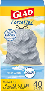 Glad ForceFlex 13-gallon tall kitchen trash bags, 40 count, gain fresh clean scent