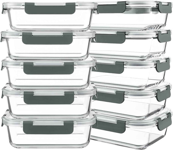 KOMUEE 10-Pack 30oz Glass Meal Prep Containers with Lids, Airtight Food Storage, Microwave, Freezer, and Dishwasher Safe