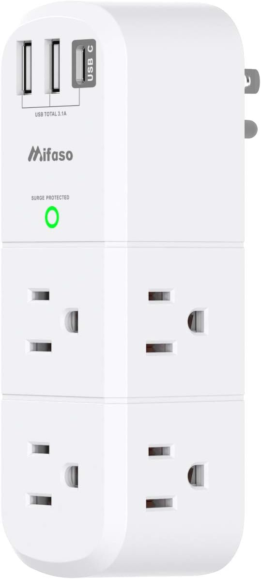 Mifaso Outlet Extender with Rotating Plug featuring 6 AC Outlets and 3 USB Ports with 1800 Joules Surge Protection