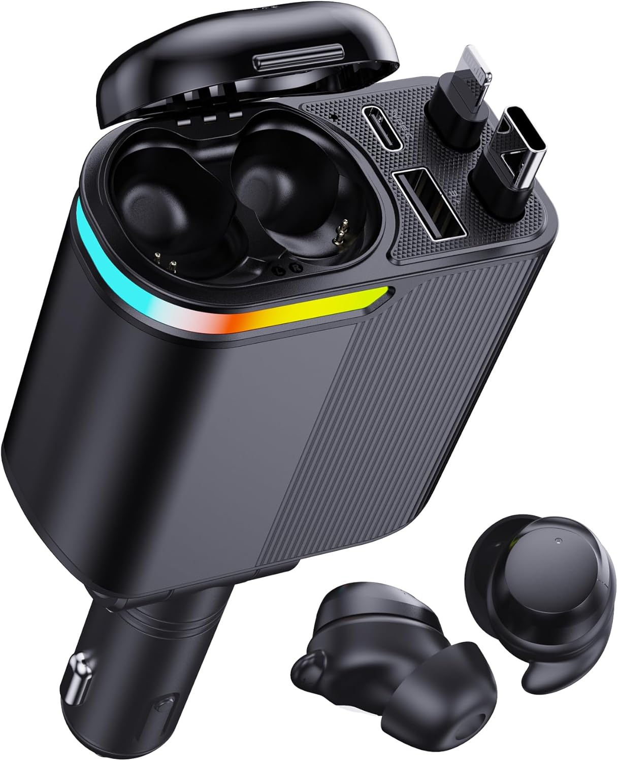 MLVOC 120W Fast Car Charger with Retractable 4 in 1 Cable and Built In Wireless Earbuds for iPhone