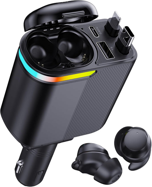 MLVOC 120W Fast Car Charger with Retractable 4 in 1 Cable and Built In Wireless Earbuds for iPhone