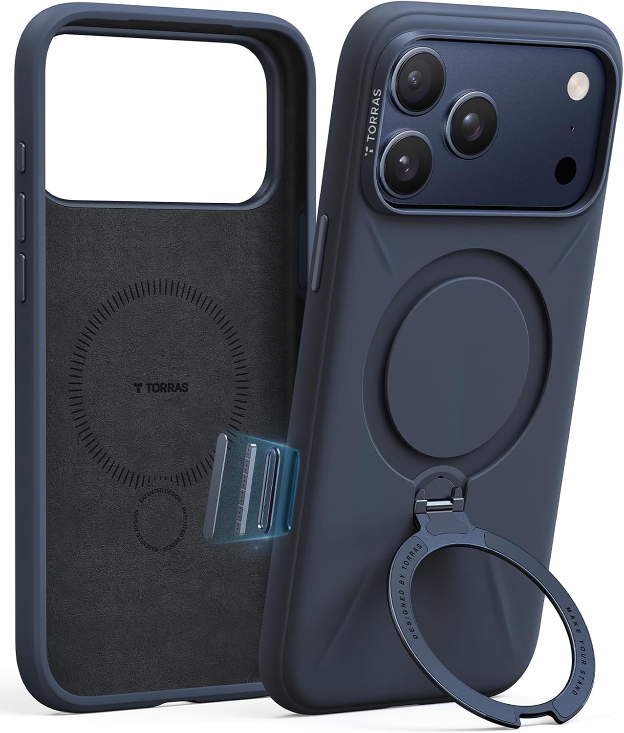 MagSafe silicone iPhone 17 Pro Max case with 360° ring stand