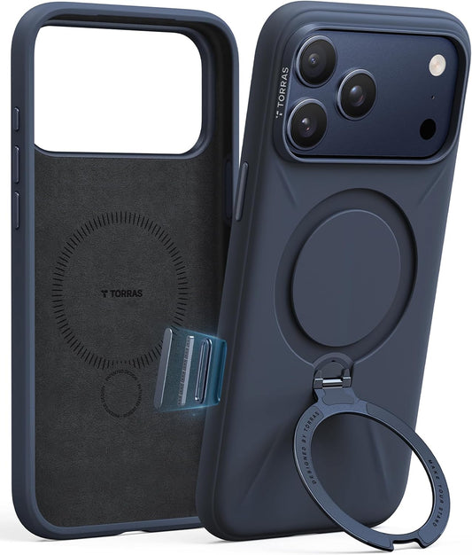 MagSafe silicone iPhone 17 Pro Max case with 360° ring stand