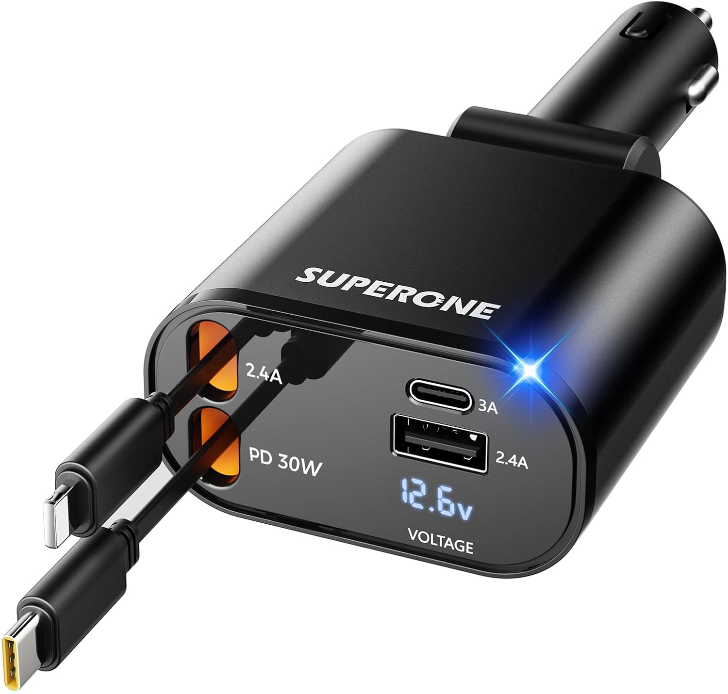 SUPERONE Retractable 4-in-1 Car Charger with USB-C and Lightning Cable and Dual USB Ports